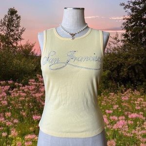 Vintage y2k Pastel Yellow Fairy Coquette Rhinestones Sleeveless Baby Tee